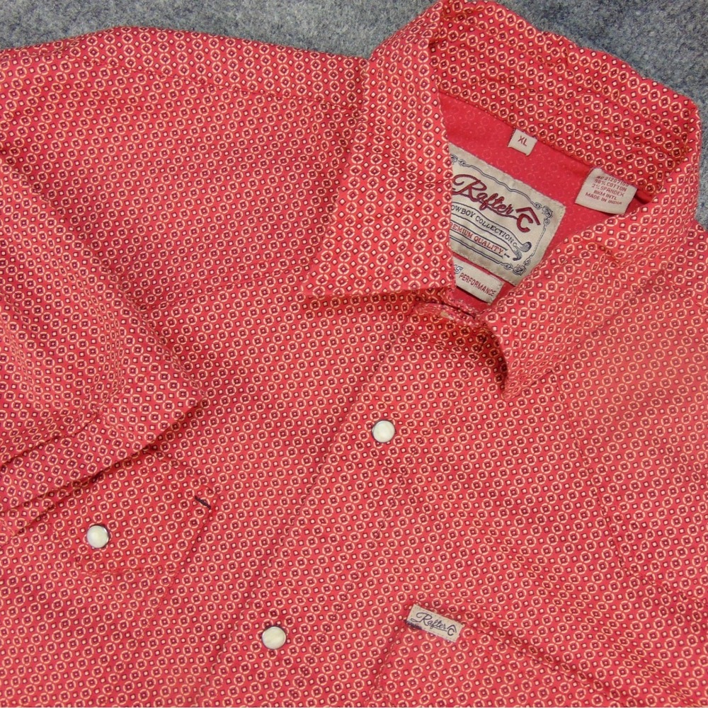 Rafter C Western Shirt Men XL Short Sleeve Red Geometric Pearl Snap Cowboy Rodeo